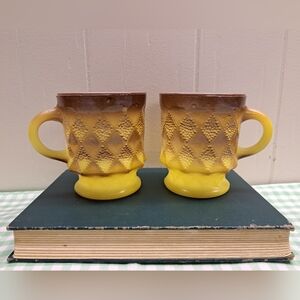 Two Vintage Anchor Hocking Fire-King Yellow & Brown Kimberly Diamond Mugs